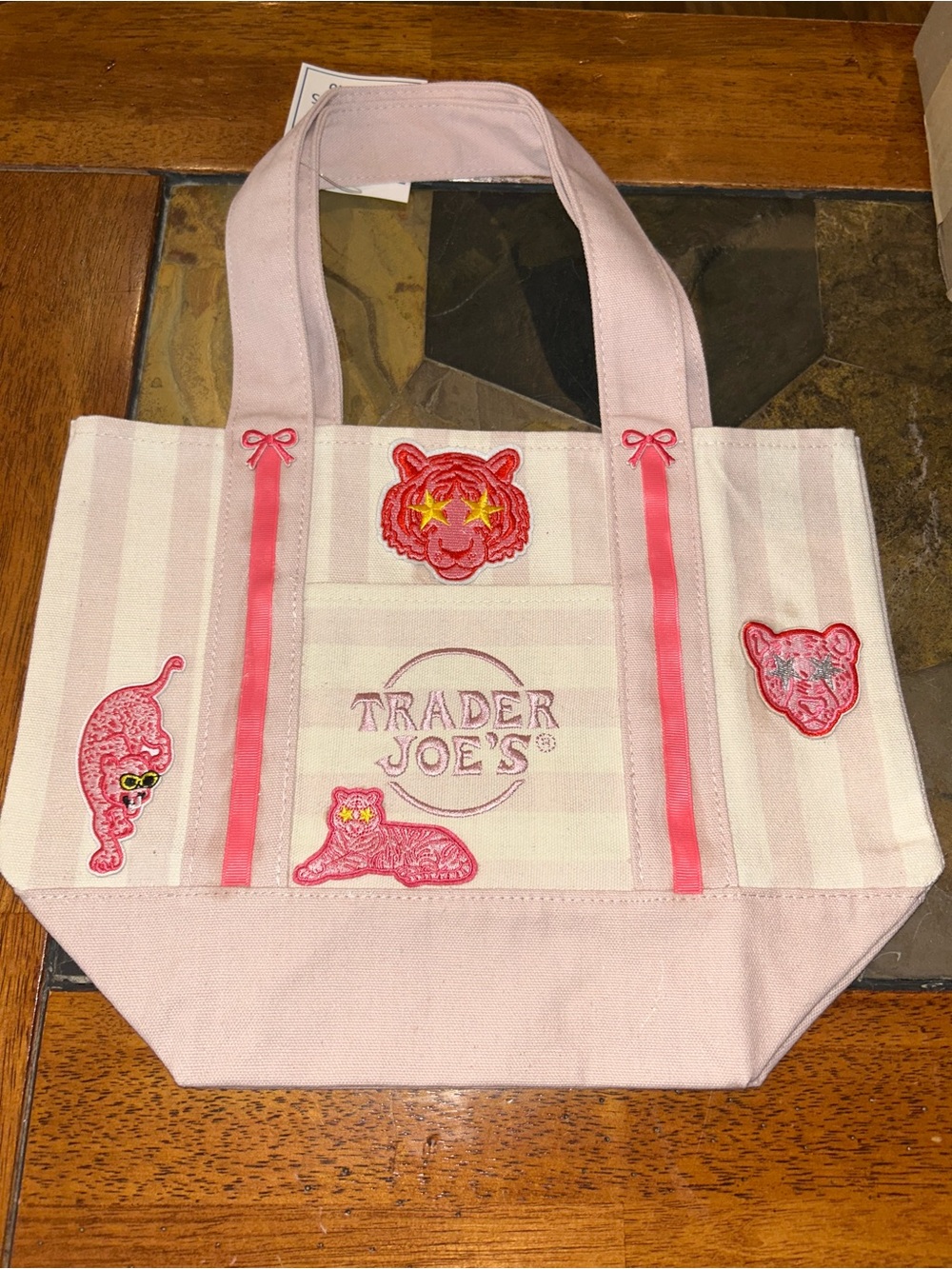Upcycled Trader Joe's Pink Stripe Canvas Tote with Embroidered Cat Patches